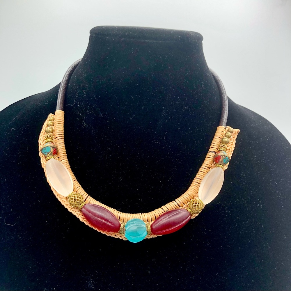 Intriguing Whicker Wrapped Beaded Boho Necklace